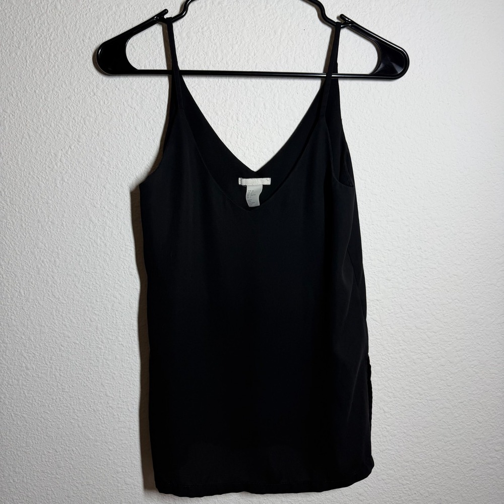 H&M Double‎ V Loose Tank Top Womens 2 Black Side Slit Spaghetti Strap Casual